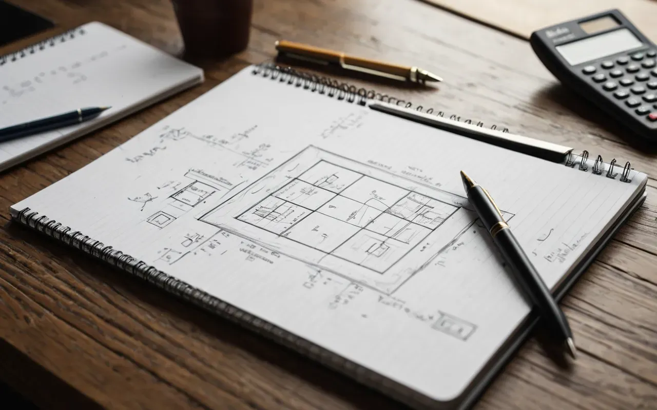 A notebook with hand-drawn sketches of home repair plans and a calculator on a wooden desk, soft office lighting.