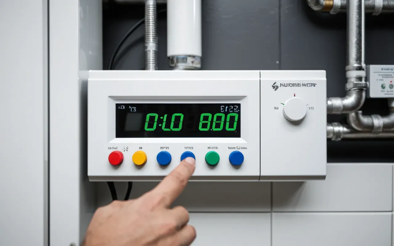 A person holding a digital energy meter display showing numerical readings near a modern white boiler unit in a utility room. The scene is bright and clean, focusing on the device interface without any visible text or labels.
