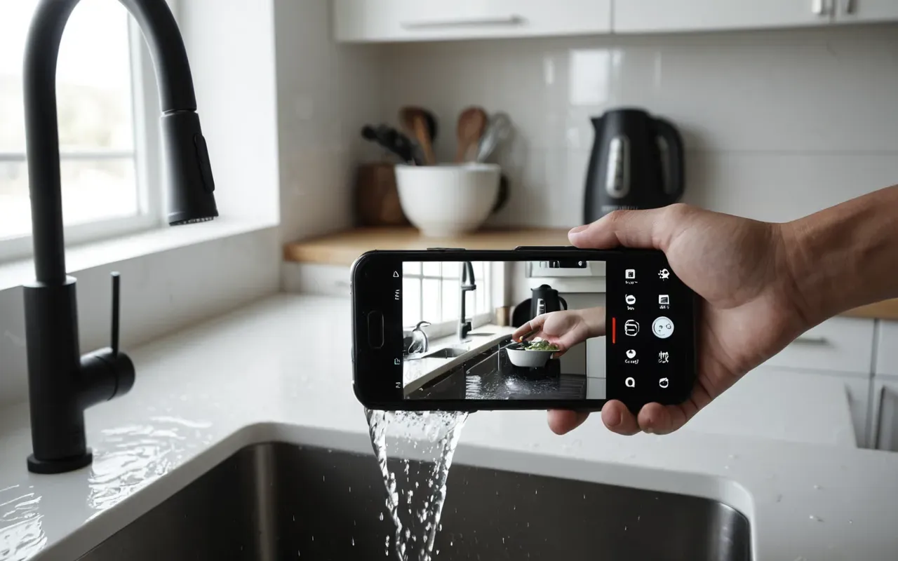 A person holding a smartphone filming under a white kitchen sink with water dripping, modern interior design, neutral tones, shallow depth of field
