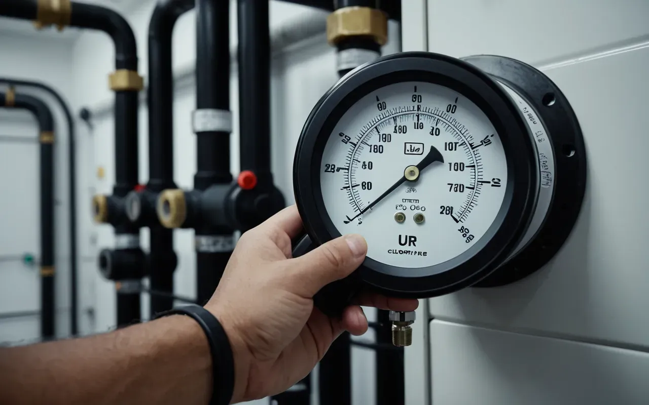 A person in a clean utility room holding a digital pressure gauge connected to a pipe system, checking readings carefully under bright artificial lighting with modern white walls visible in the background.