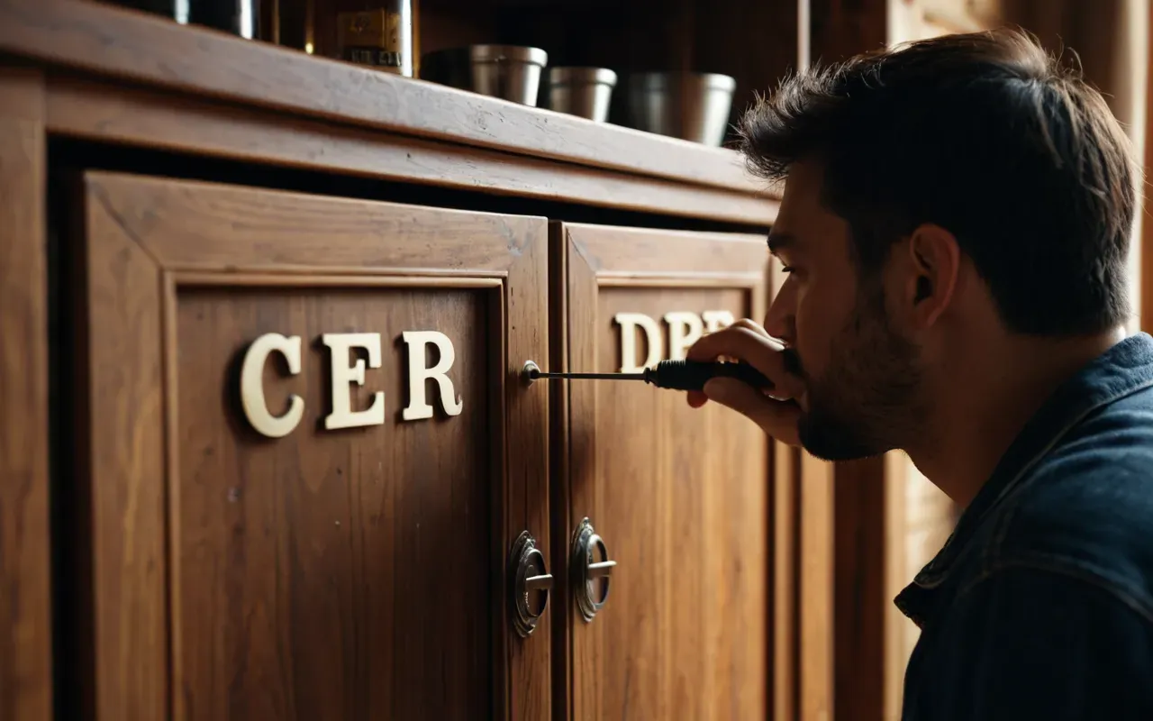 A person in casual clothes holding a small screwdriver and inspecting the underside of a wooden cabinet with warm indoor lighting creating soft shadows.