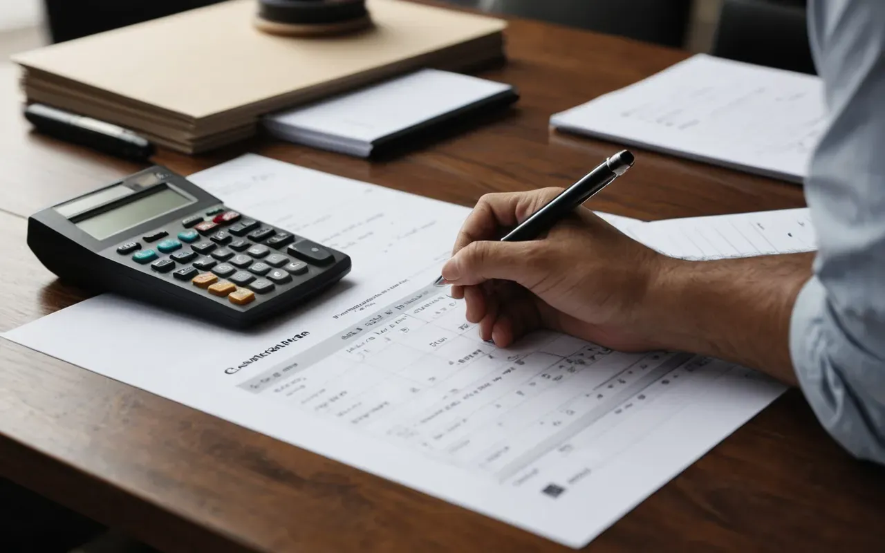 A person reviewing a detailed paper invoice with a calculator in hand at a modern wooden desk.
