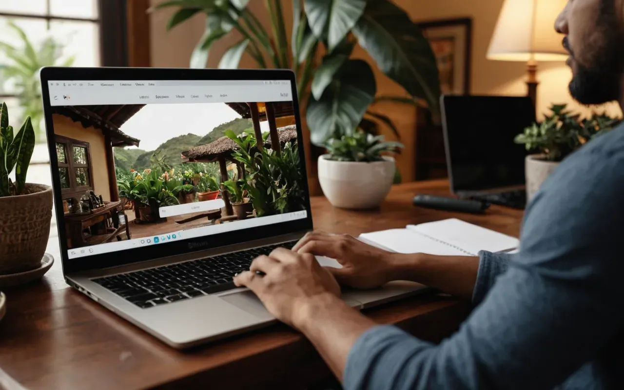 A person typing on a laptop in a cozy home office with warm lighting and houseplants visible in the background.