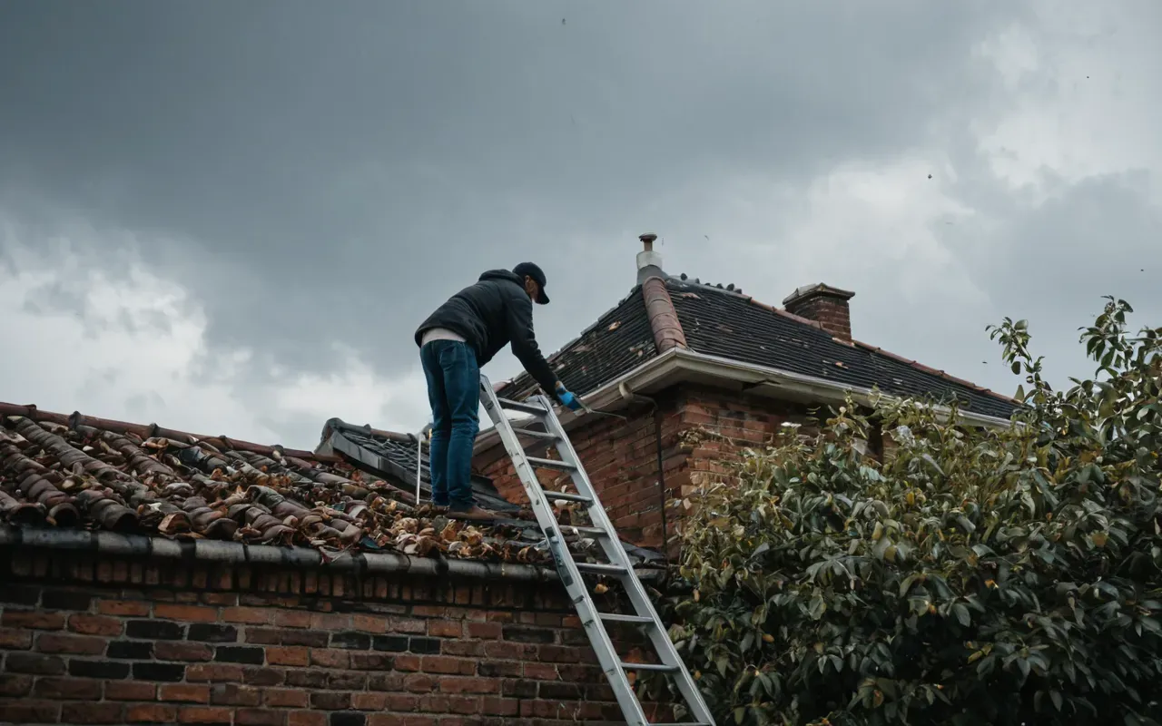 A person using a ladder to clean gutters on the roof of a brick house under a cloudy sky with leaves falling.