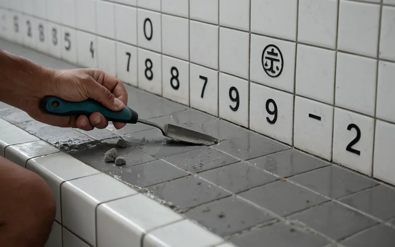 A person using a small trowel to apply smooth gray cement fill into a crack in a white tile wall with bright clean lighting and no visible text or labels.