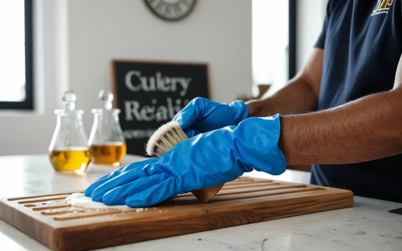 A person wearing blue gloves using a foam brush to apply oil on a wooden cutting board placed on a white table with natural light casting soft shadows.