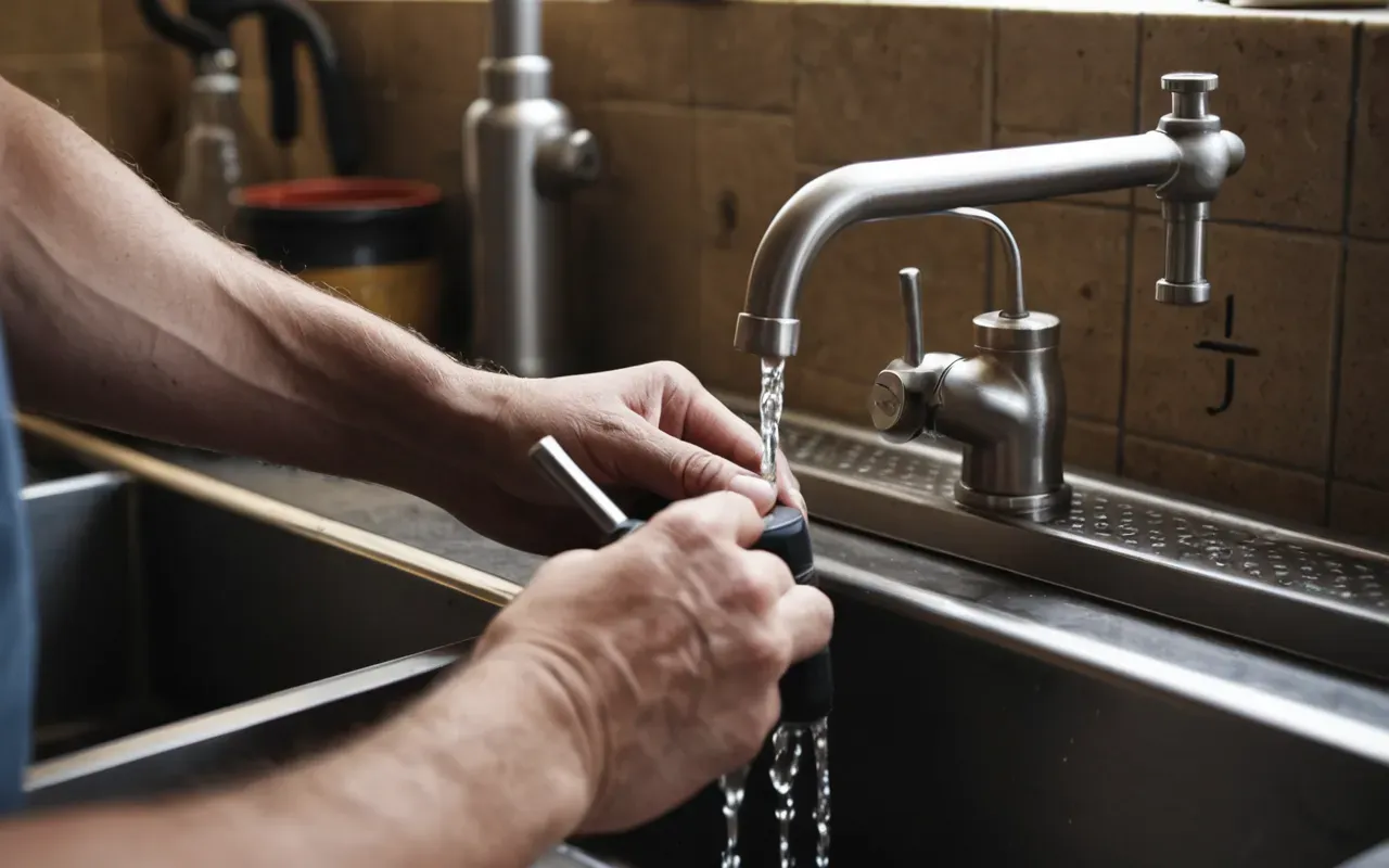 reparacion fontaneria cocina A person's hands working on a sink pipe connection under a kitchen counter. The lighting is focused and bright. Tools like a wrench are visible near the plumbing joint.