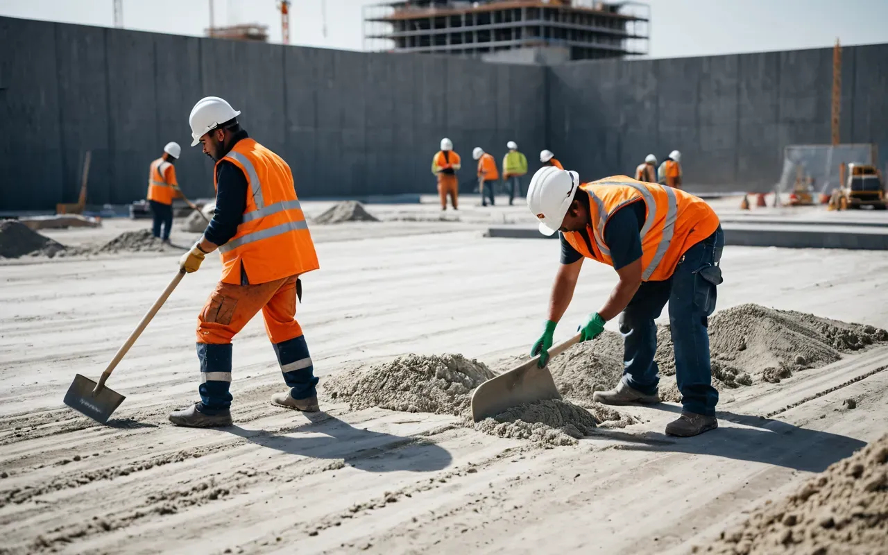 A photo-realistic scene of a modern construction site with workers in safety gear using trowels and mixing concrete, bright daylight, clean composition.