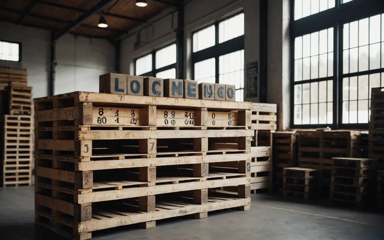 A photo-realistic scene of a modern workshop space with natural wooden pallets stacked neatly in the corner. Soft morning light streams through large windows illuminating dust particles in the air. A workbench holds various hand tools like hammers and clamps resting on a clean surface.