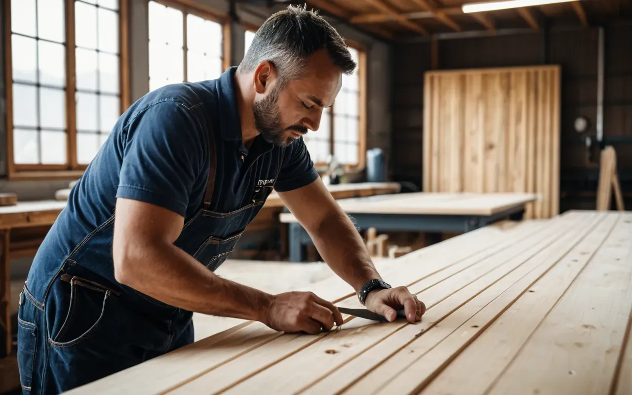A professional carpenter in a modern workshop carefully measuring wooden panels with precision tools while natural light from large windows highlights the organized workspace and quality materials stacked neatly on shelves.