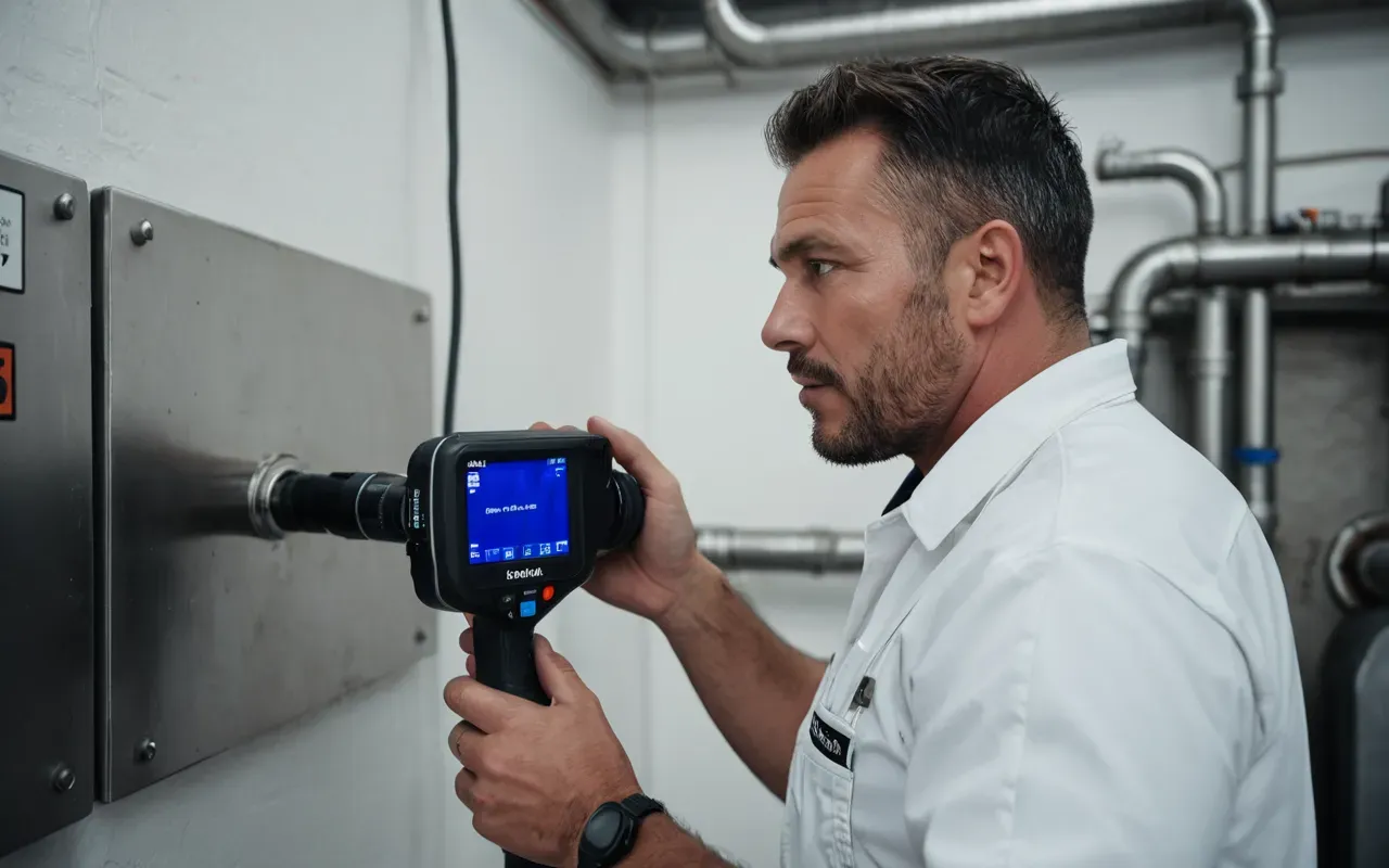 A professional plumber in clean uniform using a digital thermal camera to inspect hidden pipes behind an open wall panel, focused expression and bright industrial lighting highlighting the technical equipment usage