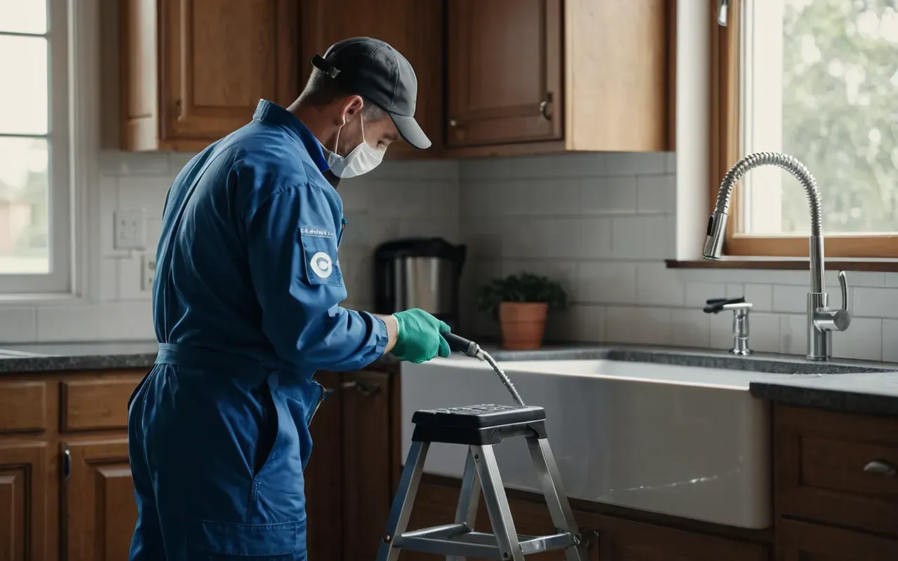 A professional plumber in protective gear checking a modern kitchen sink faucet with a wrench while standing on a small step ladder.