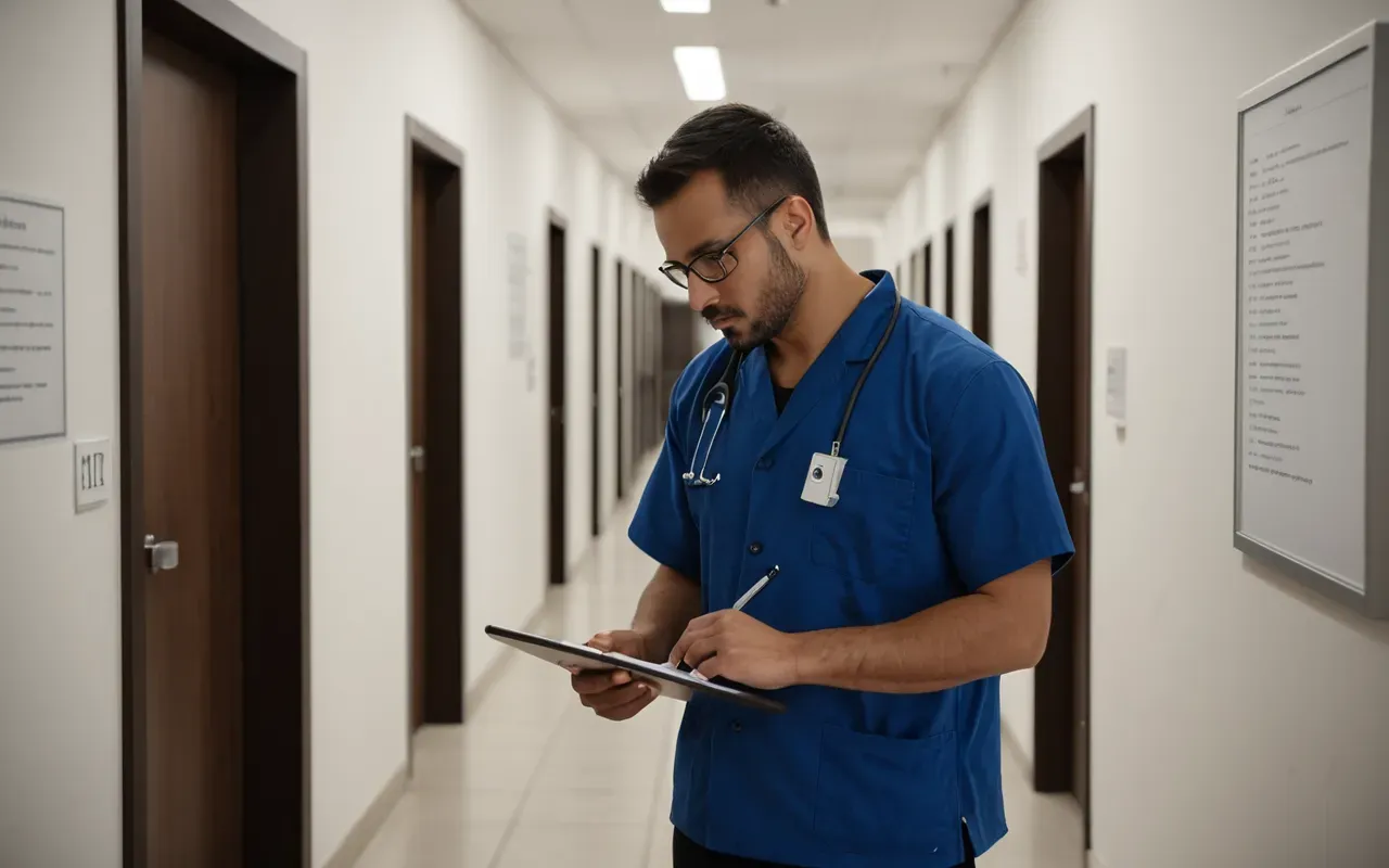 A professional technician reviewing a clipboard in a modern hallway with neutral walls and soft lighting, clean editorial composition without text or logos
