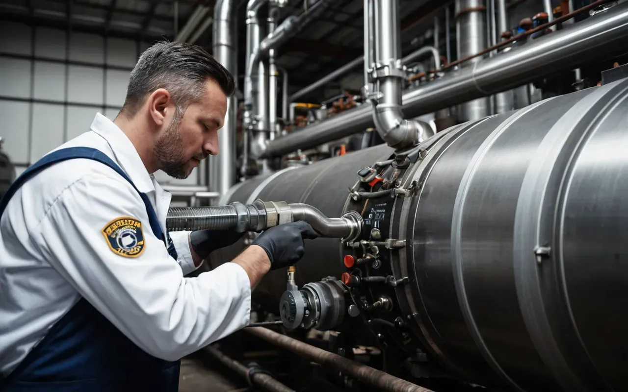 A professional technician wearing a clean uniform and work gloves is inspecting the internal components of a boiler. The scene shows various metal parts, hoses, and valves inside an open cabinet door. The lighting is bright and focused on the mechanical details.