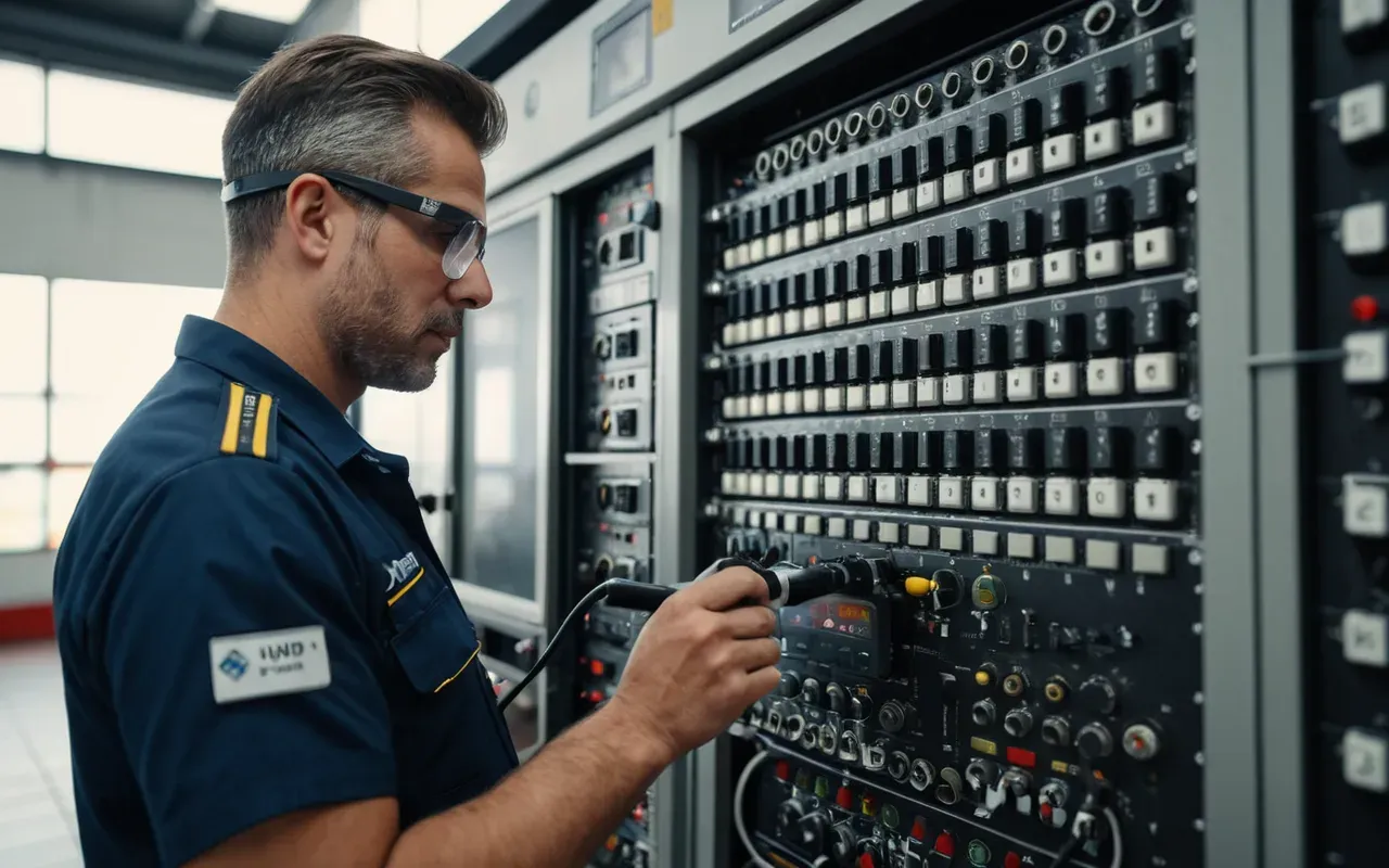 A professional technician wearing a uniform and safety glasses inspecting a complex mechanical system with diagnostic tools.