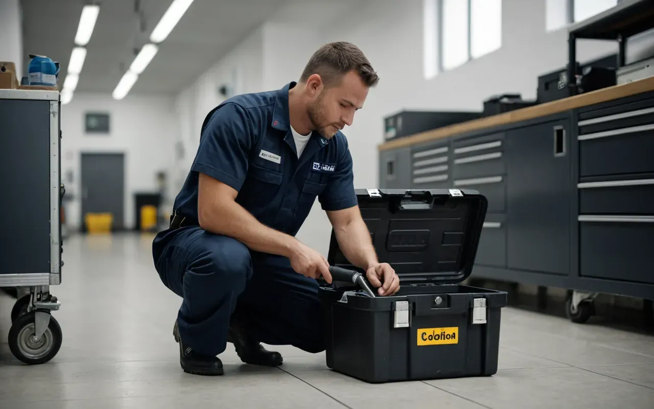 A professional technician wearing a uniform kneeling on a clean floor with a toolbox open next to him, checking a device.