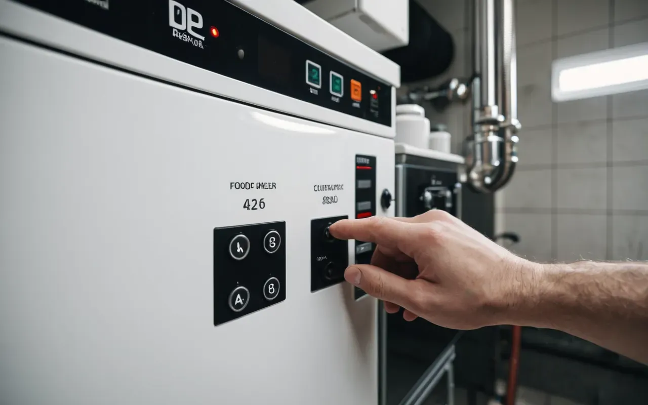 caldera de gas doméstica A realistic view of a white heating boiler installed in a clean utility room. A person's hand is reaching towards the control panel with a screwdriver. The scene is well-lit with natural light coming from a side window.