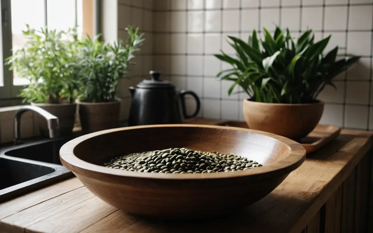 A rustic wooden bowl being filled with a clear amber liquid using a small brush in a well-lit kitchen corner with ceramic tiles and green plants in the background.