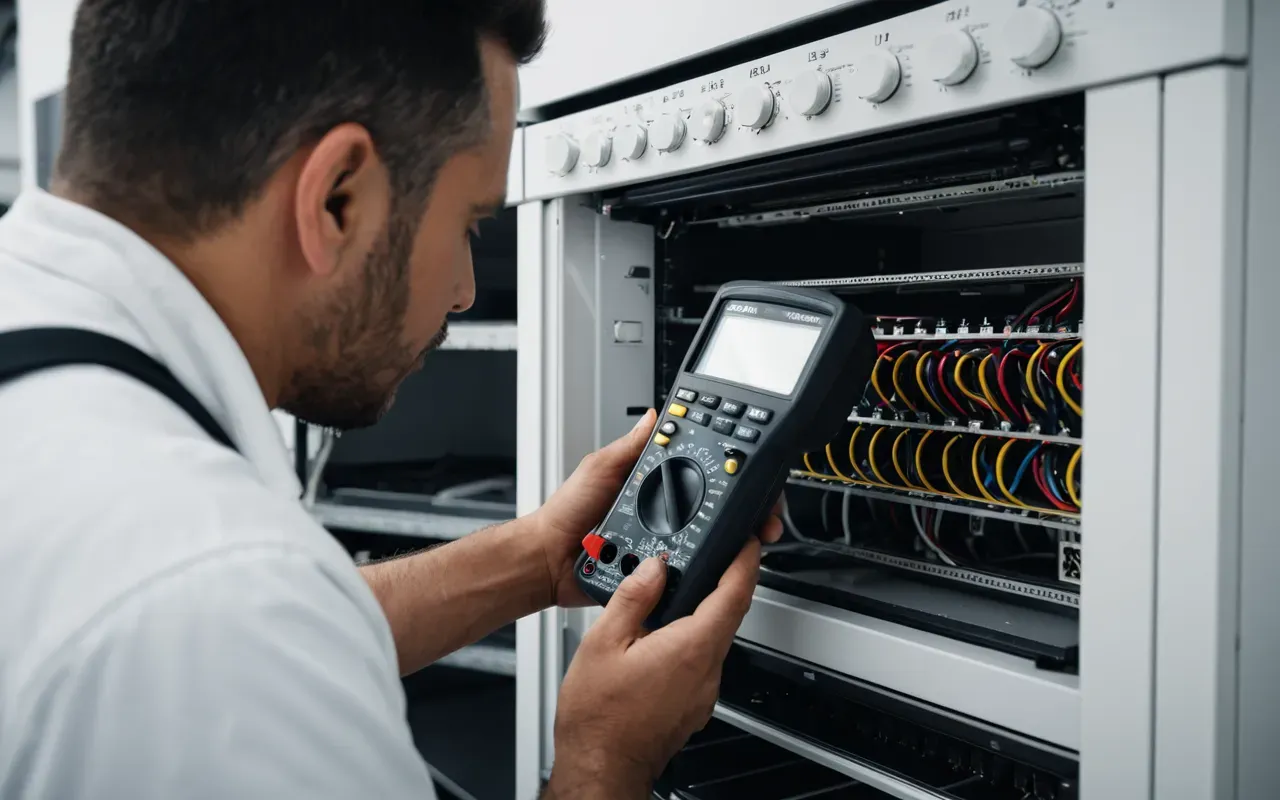 reparación técnica hogar A technician in a modern workshop holding a multimeter and inspecting the internal wiring of a large white home appliance.