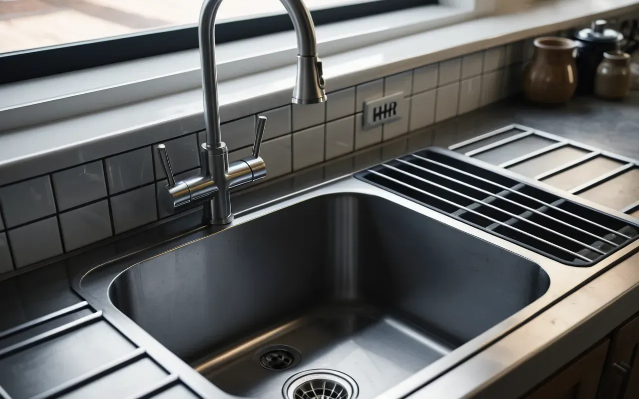 A view of a modern kitchen sink with exposed plumbing underneath showing clean metal pipes and connections in good condition under bright artificial light.