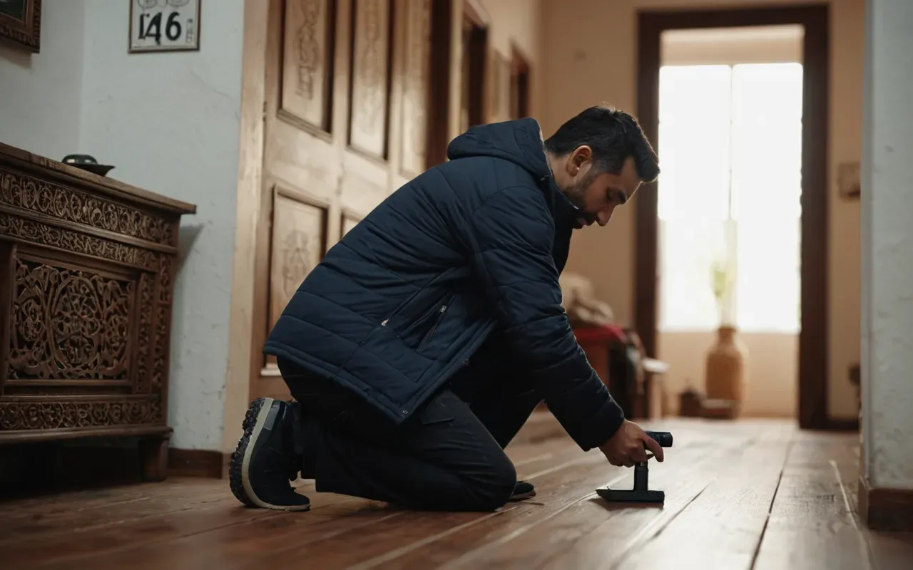 A well-lit living room with a person inspecting the base of an interior wall using a small handheld device in their hand while kneeling on a wooden floor.