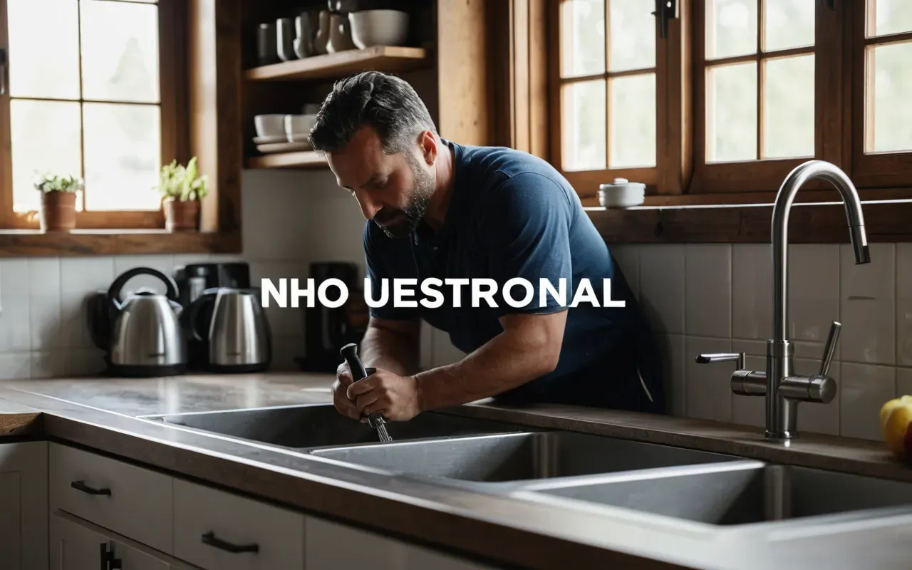 A well-lit modern kitchen with a professional plumber using specialized tools to fix under-sink plumbing connections while sunlight streams through large windows illuminating the clean workspace and organized equipment.