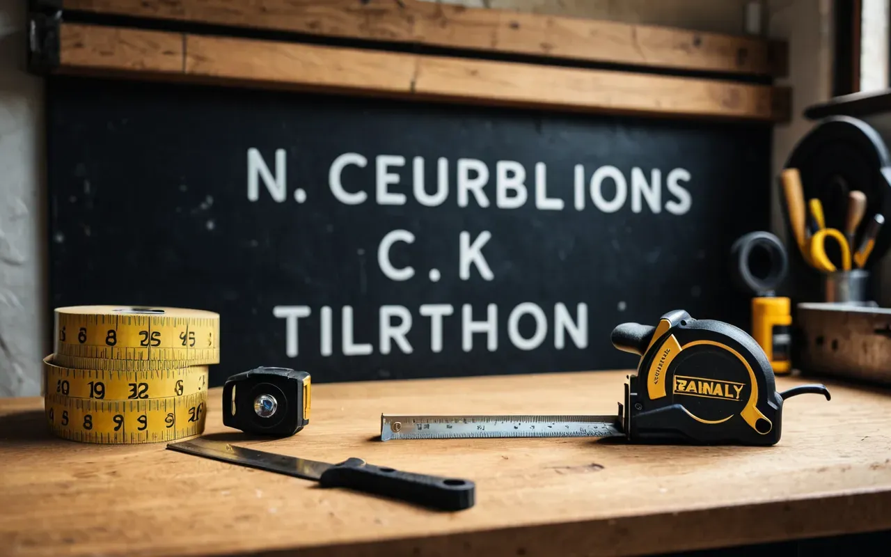 A well organized workbench with a hand saw resting on a piece of light oak wood. A tape measure is coiled neatly nearby. The scene is clean and ready for precise cutting.