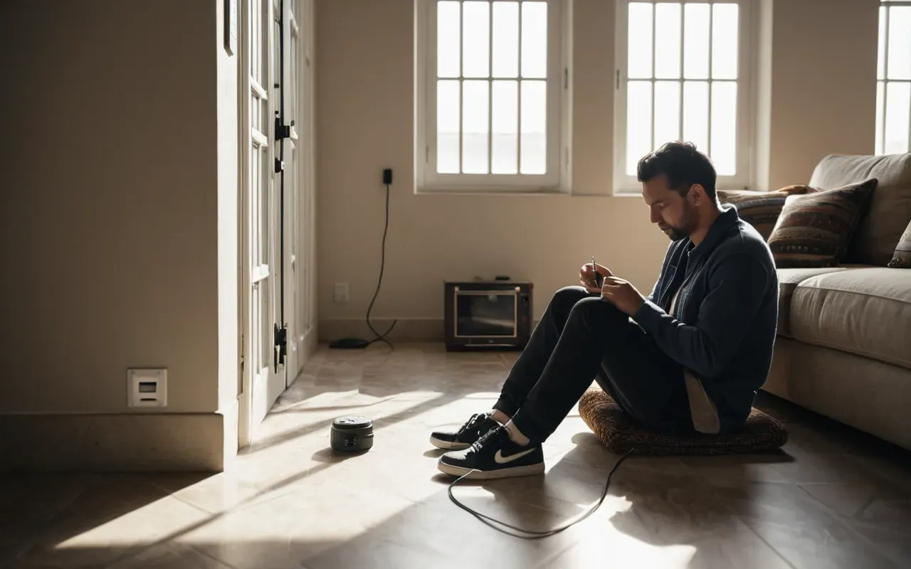 A wide shot of a modern living room with sunlight streaming through large windows. A person is sitting on the floor inspecting an electrical outlet.