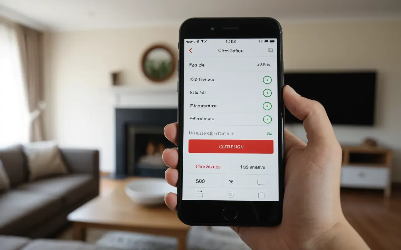 postulacion en linea movil A woman's hand holding a smartphone displaying a generic digital form interface with checkmarks and progress bars. The background shows a blurred living room interior with natural light coming from a window.