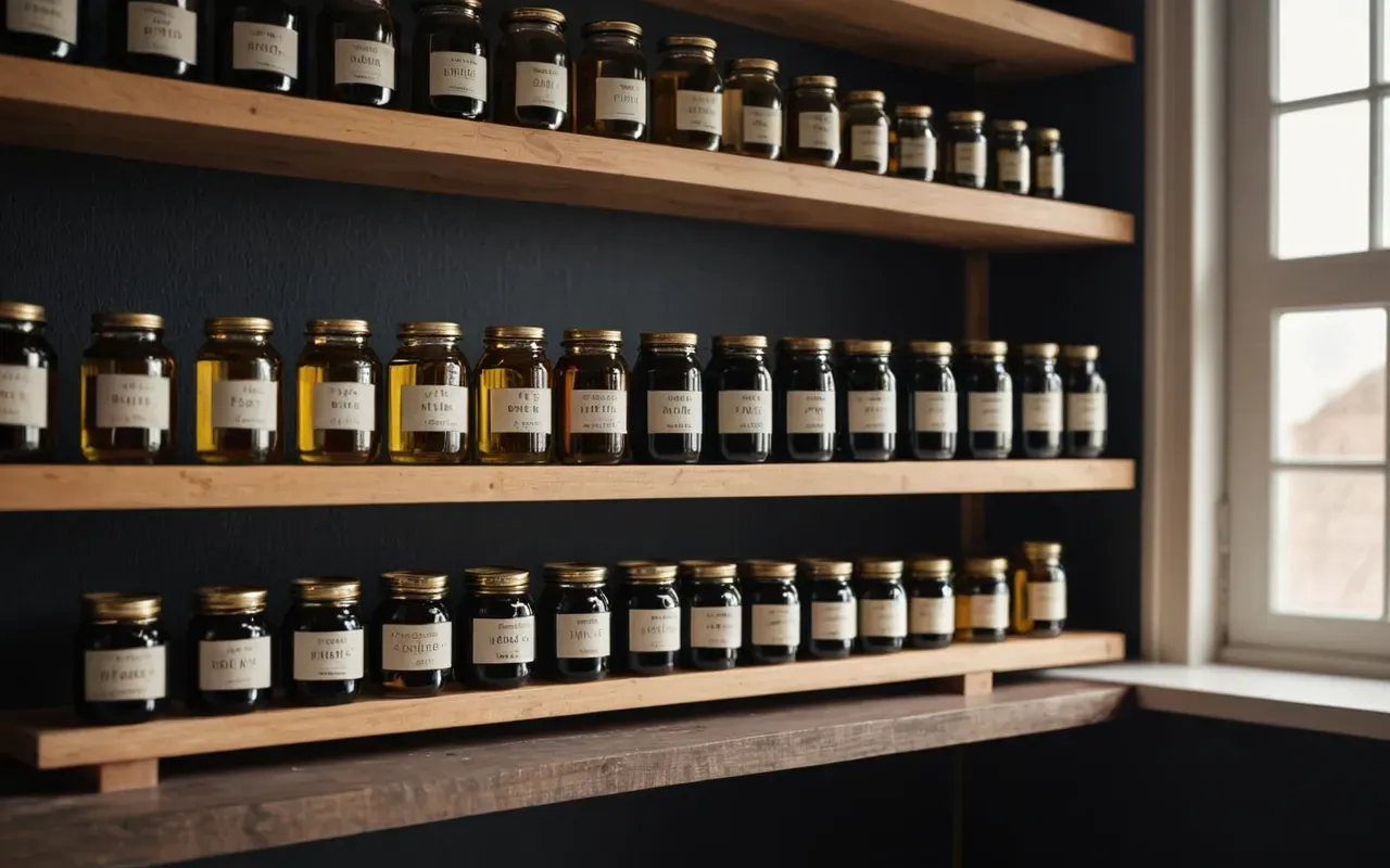 A wooden shelf in a modern home filled with neatly organized jars of wood oil and small hand tools arranged by size under soft daylight from a nearby window.