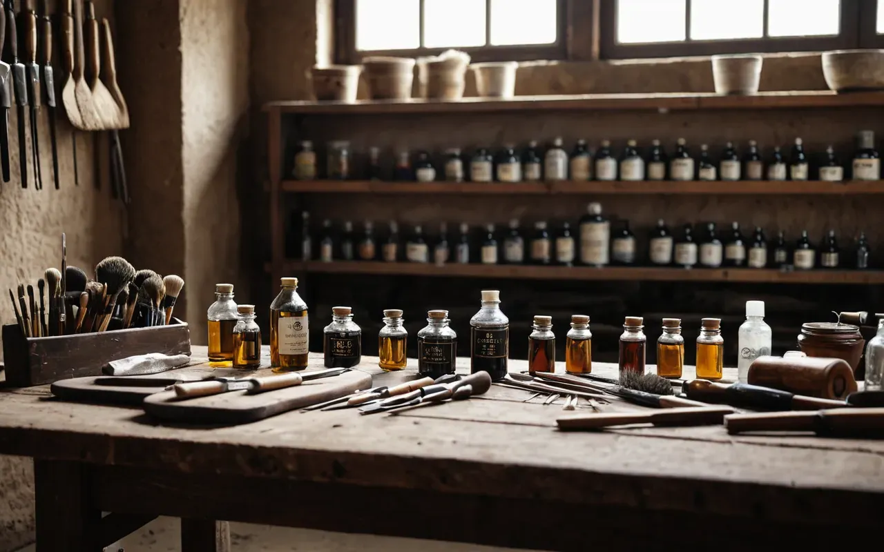 A workshop bench with various wood finishing tools including brushes rags and small bottles arranged neatly on a clean surface with soft overhead lighting.