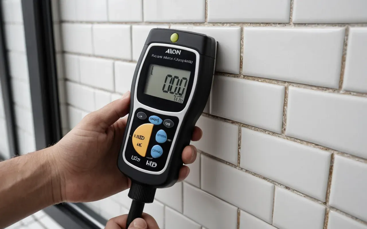 Close-up of a hand holding a modern digital moisture meter near a white ceramic tile wall, soft natural daylight from a nearby window highlighting the device screen and subtle surface texture, clean professional workshop setting with blurred background tools.