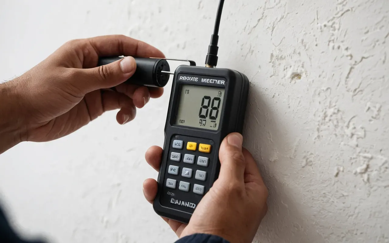 fontanería casera Close-up of a hand holding a small handheld digital moisture meter pressing its probe against a white plaster wall with soft indoor lighting and clean background