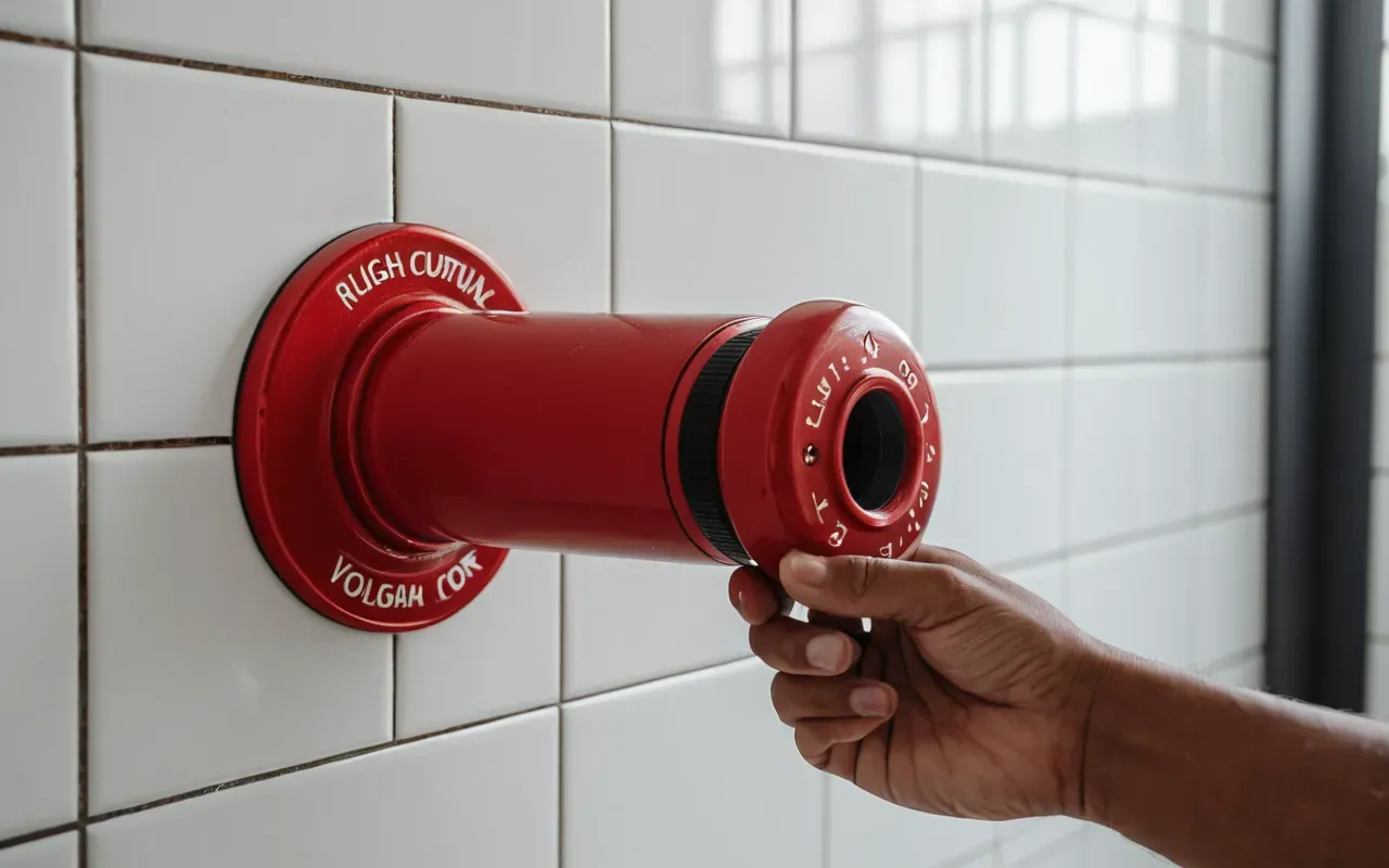 Close-up of a hand turning a red water valve on the wall, modern bathroom tiles, bright lighting, clean and professional look
