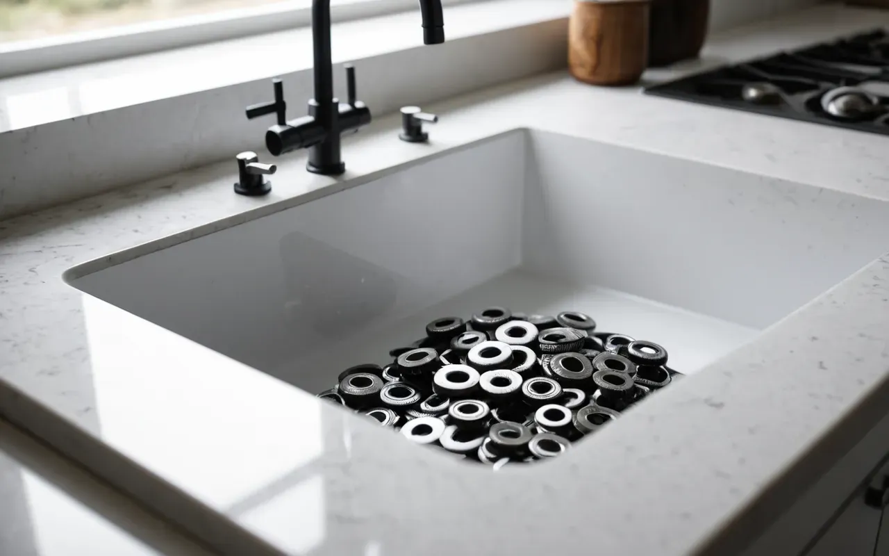 Close-up of a modern kitchen sink with a visible wrench and rubber washers on the counter, soft natural light from a window, clean white aesthetic