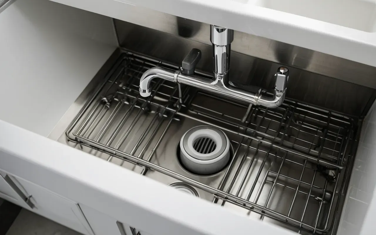 Close up of a modern plumbing system under a kitchen sink with chrome pipes and white ceramic tiles, soft natural light from above