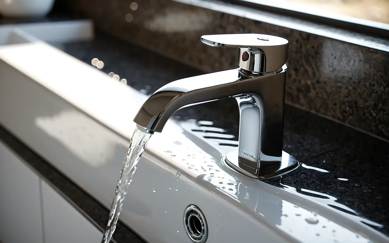 Close-up of a modern white ceramic sink with a chrome faucet dripping slowly into the drain, soft morning light highlighting water droplets on the surface, clean and realistic kitchen setting