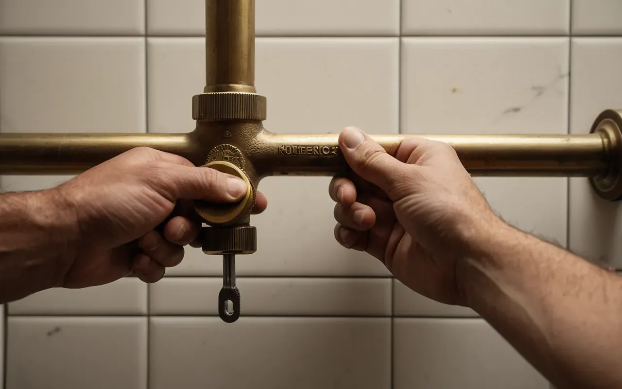 Close up of a pair of hands using a precision wrench on a brass pipe fitting in a modern bathroom with soft diffused lighting and clean editorial style