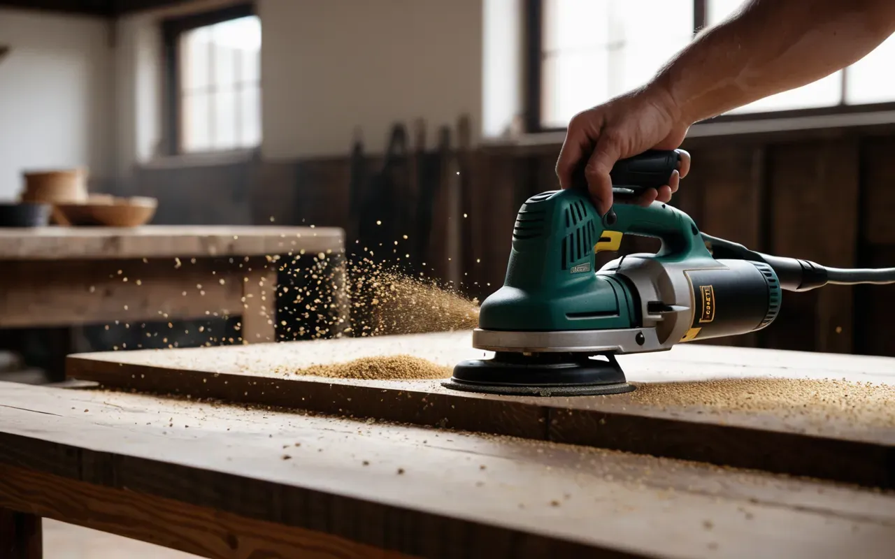 reparación piso Close-up of a person using an orbital sander on a wooden table edge with fine wood dust particles visible in the air under bright workshop lighting and clean background