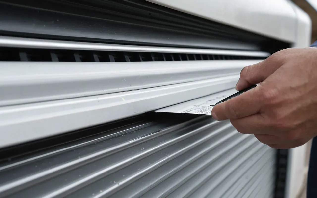 Close-up of a person's hand applying lubricant to the track of a modern roller shutter, highlighting the ease of preventative maintenance in a bright room.
