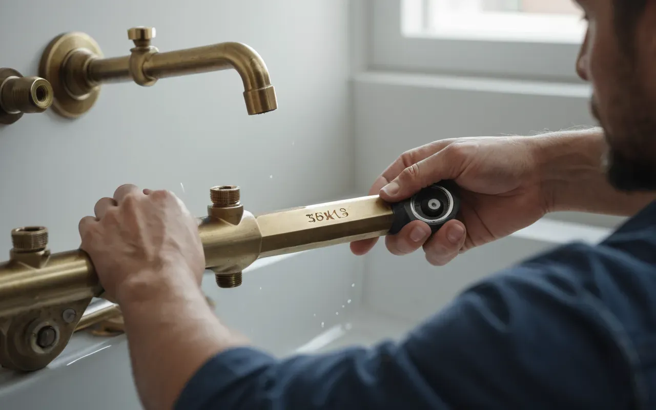 Close-up of a person's hands holding a professional wrench and working on a modern brass plumbing fixture in a bright clean workspace, highlighting the precision required for maintenance tasks.