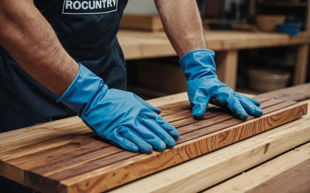 Close-up of a person's hands wearing work gloves holding a wooden plank with visible wood grain. The background shows a clean workshop floor with scattered wood shavings and natural lighting highlighting the texture of the material.