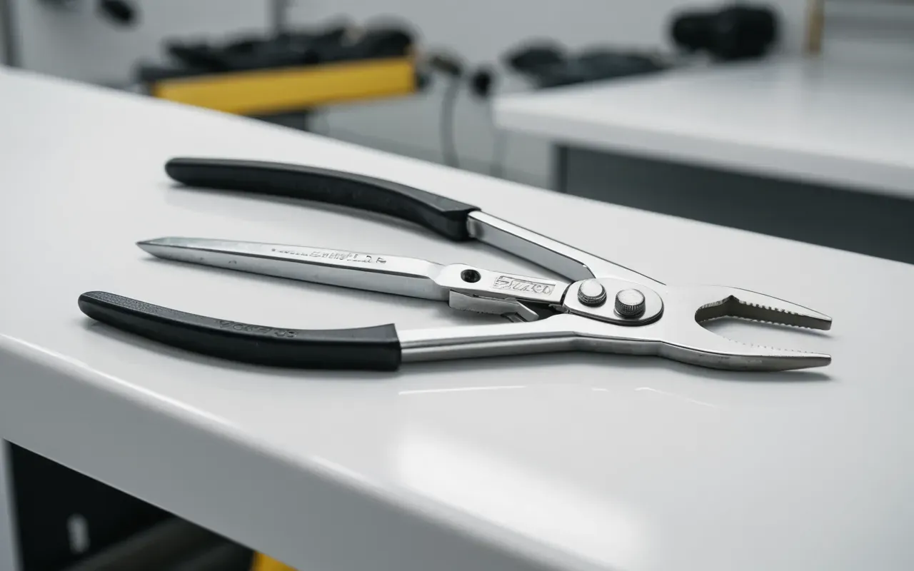 Close up of a professional hand holding high quality chrome pliers and wrenches on a clean white workbench with soft studio lighting highlighting the metal texture.