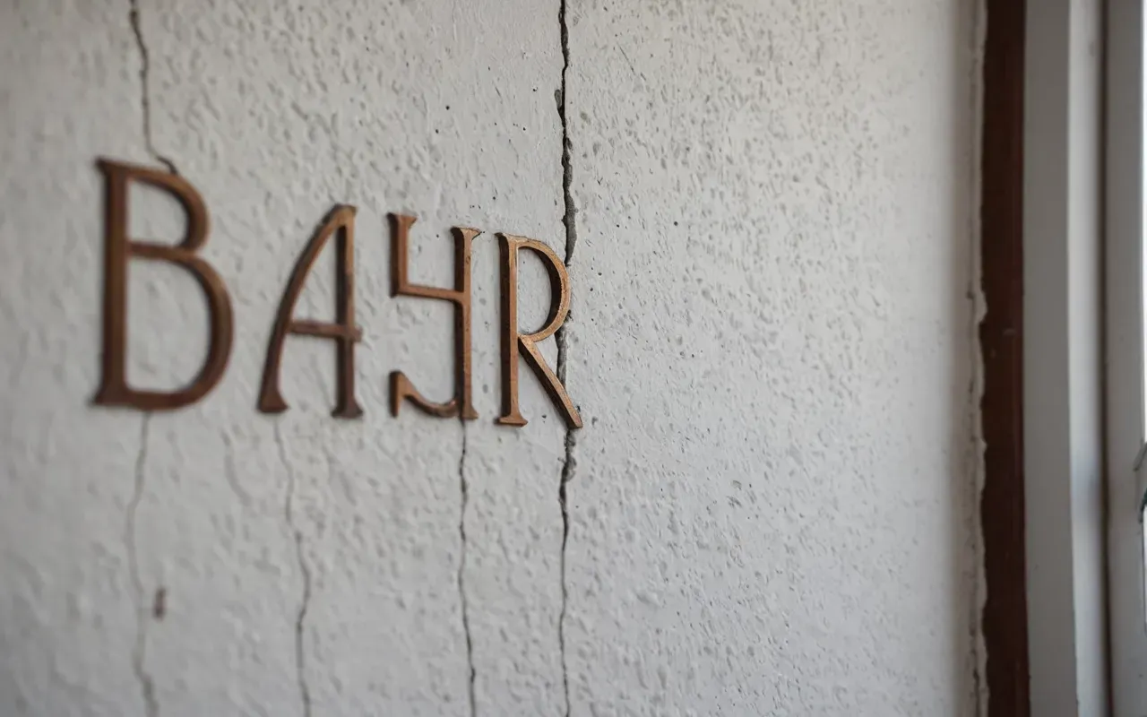 Close up of a small crack in white plastered wall with water stain spreading near the corner, soft natural light from window, realistic detail shot.