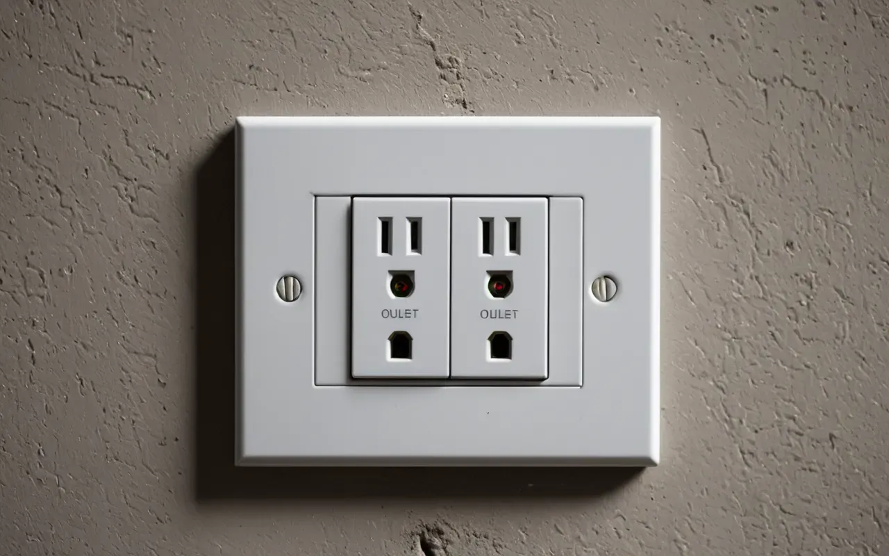 Close up of an electrical outlet with visible wear and dust, neutral background with soft focus on the socket details, modern home interior setting