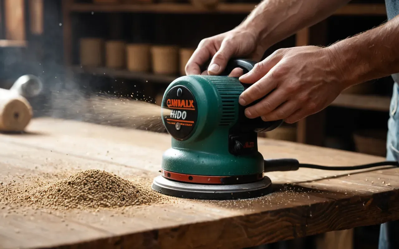 Close-up of hands holding a small orbital sander near a wooden surface, showing fine dust particles in the air under bright workshop lighting.