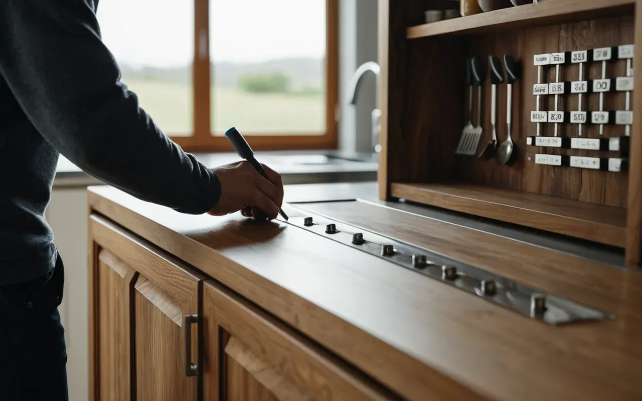 Close up of hands using a small screwdriver on a wooden cabinet in a modern kitchen, natural light and clean background with no visible text or logos