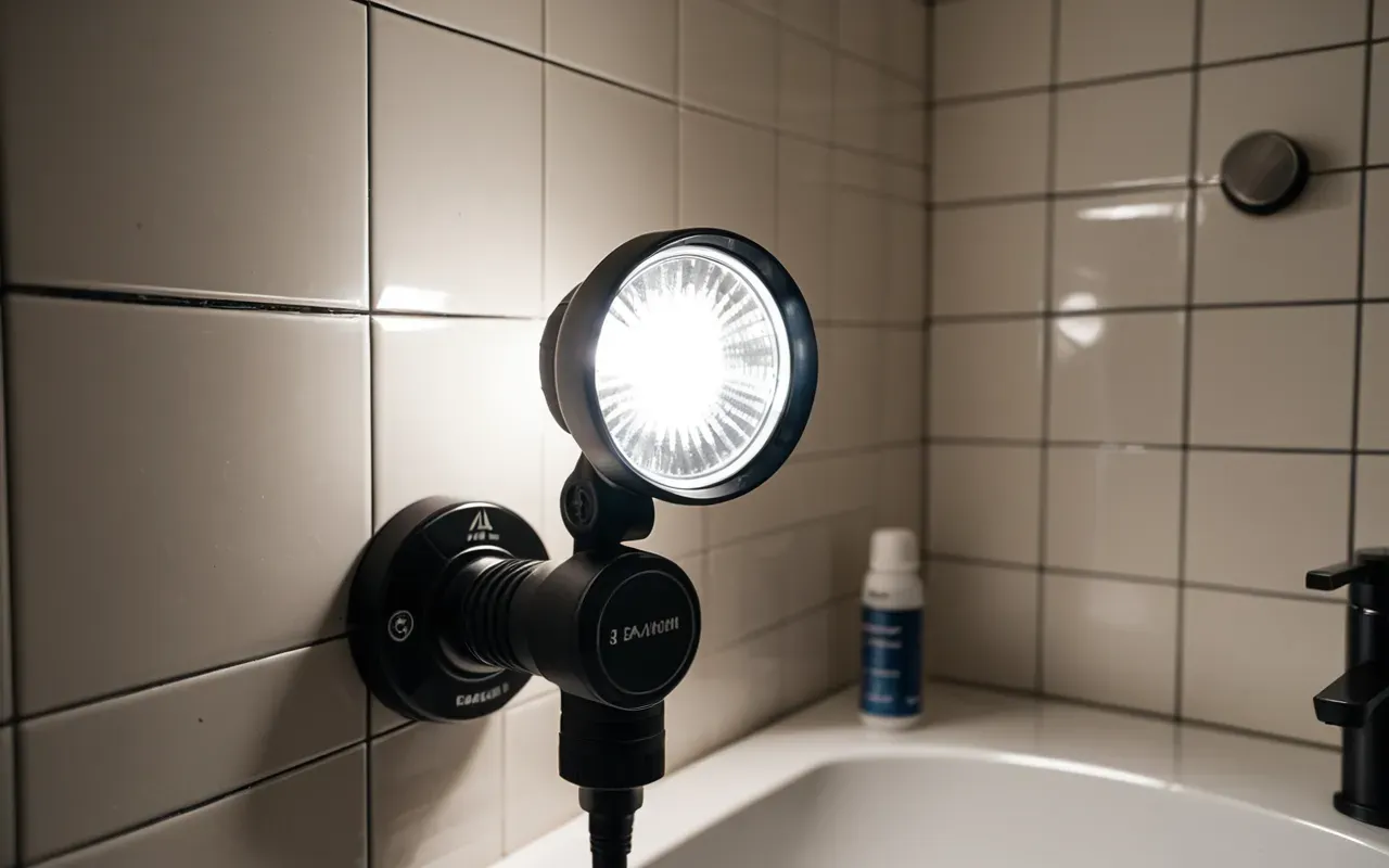Close-up photograph of a modern rechargeable tactical flashlight shining bright white light onto the corner joint of a bathroom sink and wall tile, highlighting water stains and grout texture with high contrast editorial photography style.