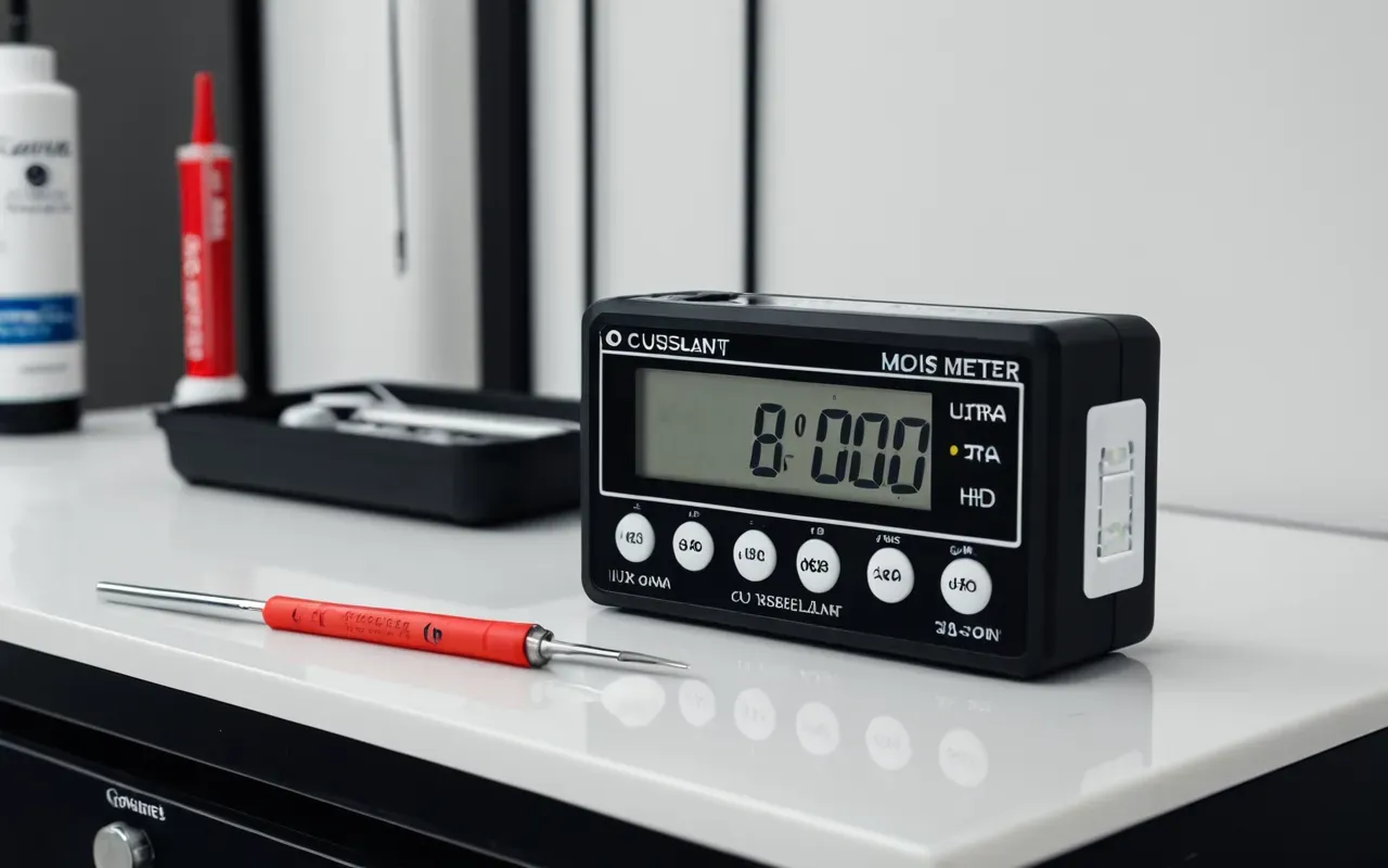 Editorial flat lay photograph of a modern digital moisture meter placed next to a small tube of silicone sealant and a set of precision screwdrivers on a clean concrete workbench, soft diffused overhead lighting creating gentle shadows around the tools.