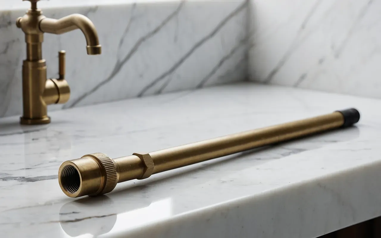 Editorial still life of a small plastic pipe fitting tool next to a brass plumbing component on a white marble surface with soft shadows and minimalist composition